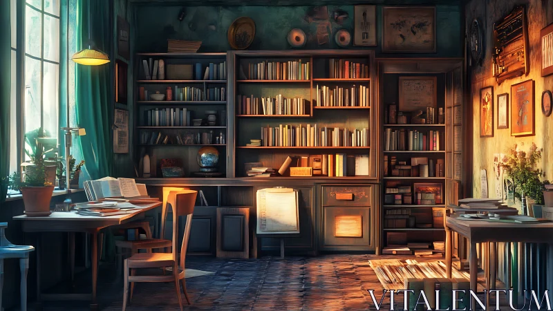 Sunlit vintage study lined with overflowing bookshelves.