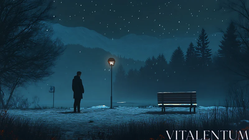 Solitary figure watches snow fall under cold lamplight night