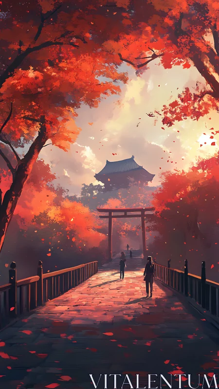 Bridge walkway leads toward distant shrine under red foliage