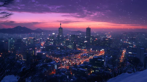 Snowy neon metropolis skyline under violet dusk sky.