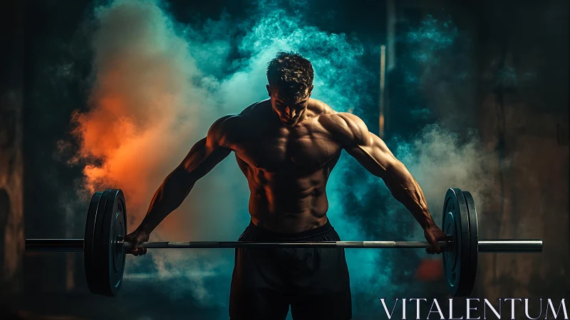 High-contrast muscular athlete holding loaded barbell in colored smoke