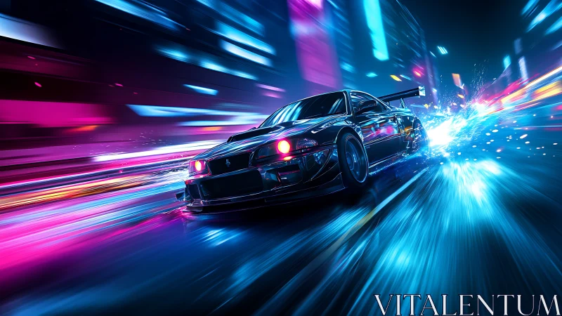 Neon street racer cuts through cyberpunk city at speed.