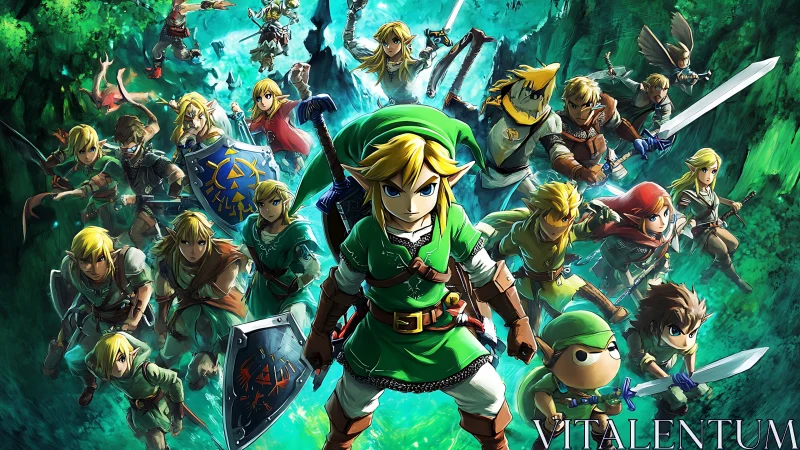 Heroic green-clad warriors charge forward through glowing mists