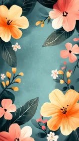 Floral Composition With Orange and Coral Blooms on Teal.