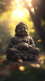 Stone Buddha statue sits outdoors in diffused forest light