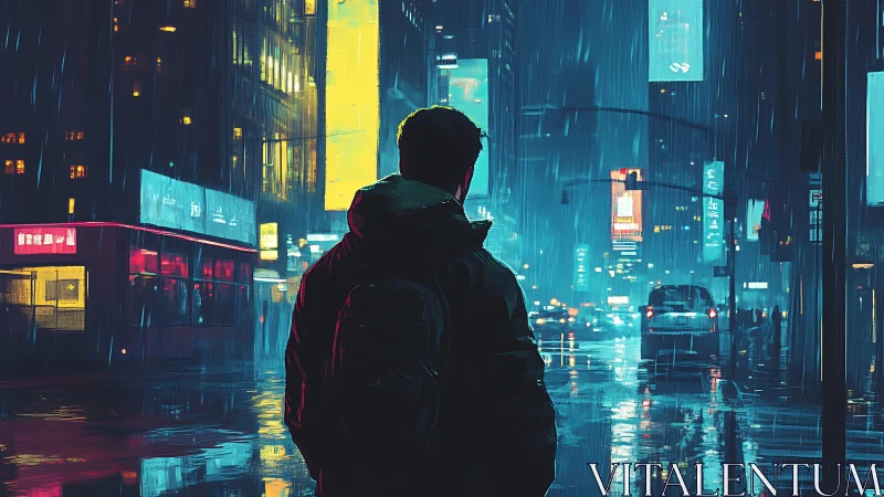 Solitary figure observes neon city streets in cold rain.