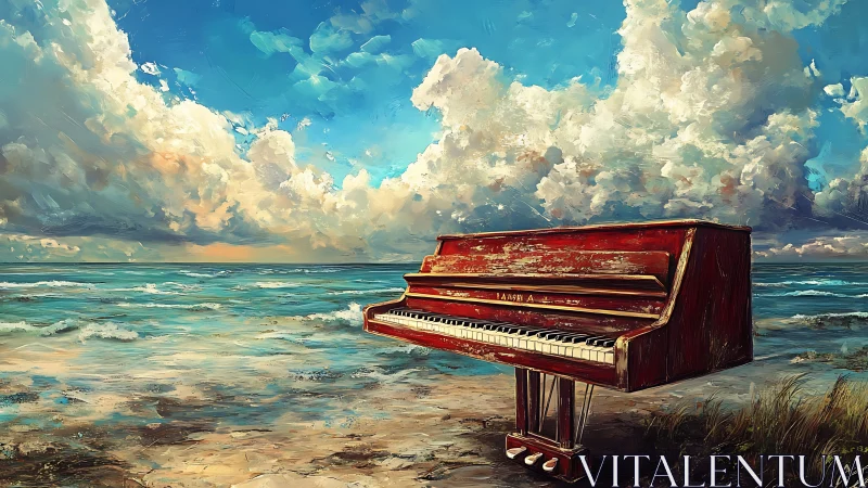 Weathered red piano on coastal shoreline under cumulus sky.