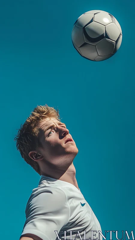Soccer player tracking ball against clear blue sky.