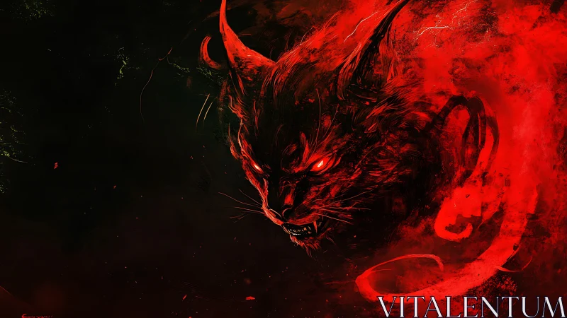 Demonic feline head emerges in red vaporous digital abstraction
