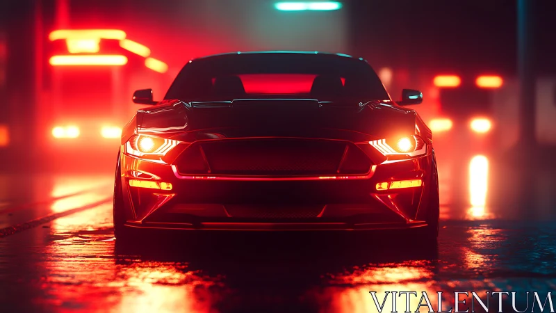 Neon-lit muscle car prowls through a futuristic night street.