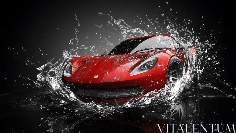 Scarlet supercar erupts through liquid thunder in mid-splash.