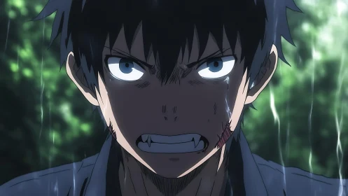 Storm-lit resolve on a rain-soaked anime hero’s face.