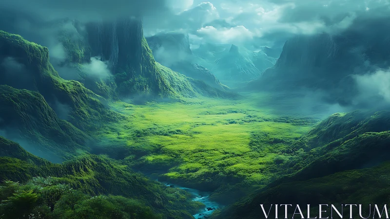 Misty emerald valley cradled by towering dreamlike cliffs.