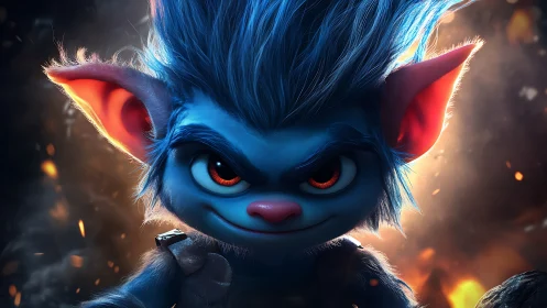 Pyro-lit blue goblin with emissive eyes in cinematic focus.