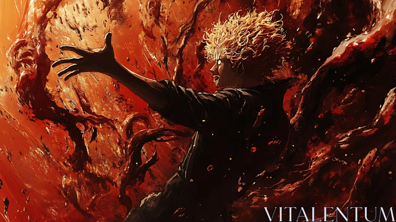 Male figure extends arm while engulfed in red liquid mass