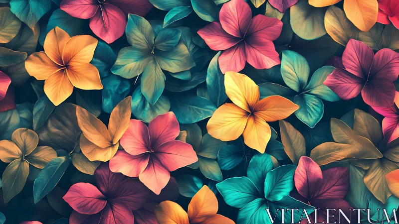 Stylized florals with gradient pigmentation arranged in dense composition.