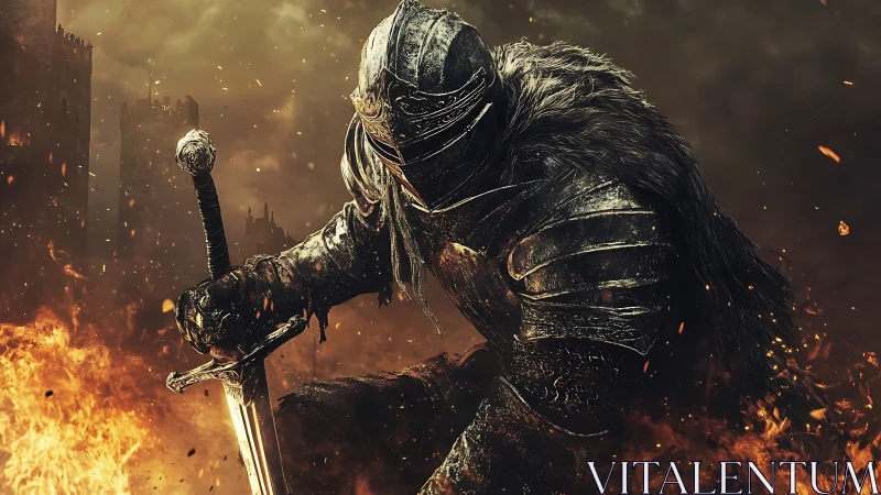 Armored knight kneels in burning ruin under storm-dark skies