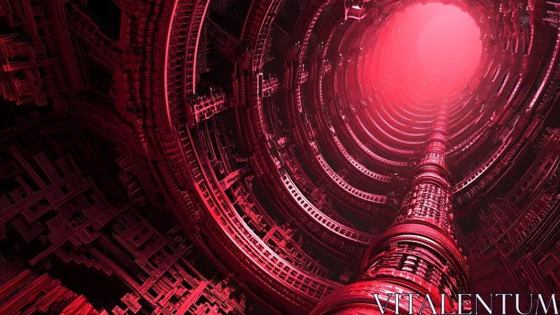 Crimson data spire tunnels upward into a digital eclipse