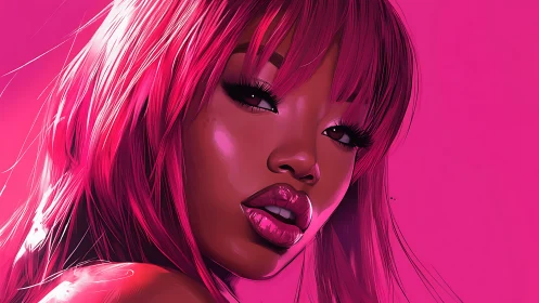 Electric magenta muse in glossy neon-lit close-up portrait.