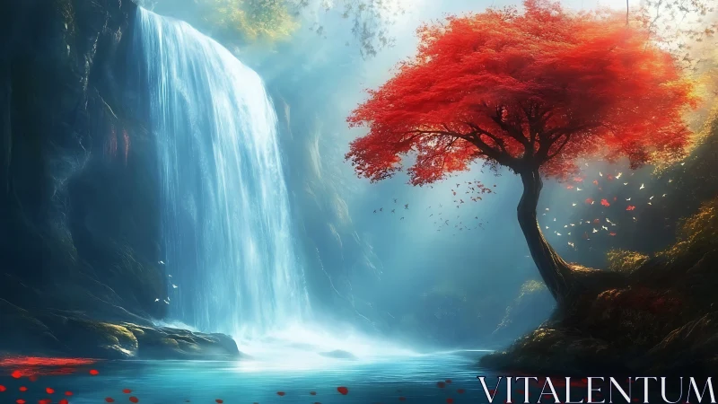 Crimson tree by a misty waterfall in a quiet dreamscape.