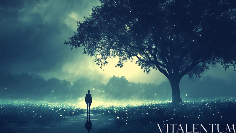 Solitary figure under stormlit tree in glowing meadow.