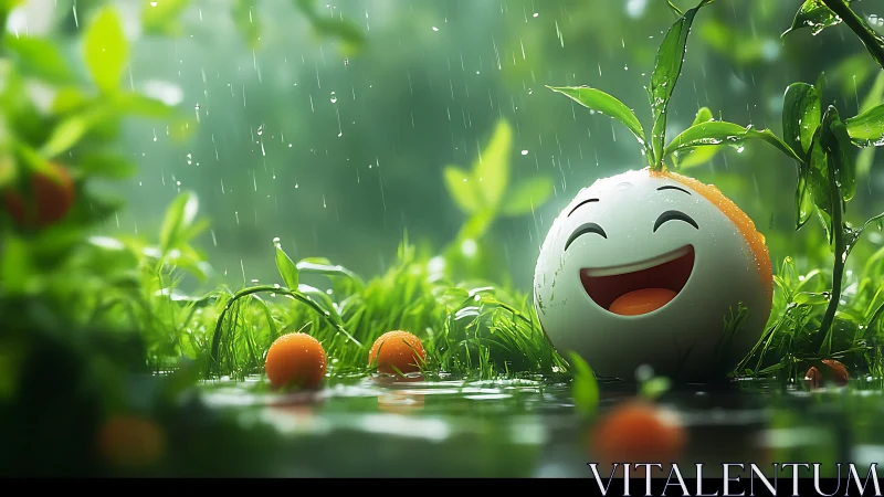 Smiling citrus character among wet grass in rainfall scene.