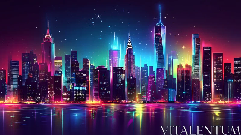 Neon-spectrum futuristic skyline over reflective harbor horizon