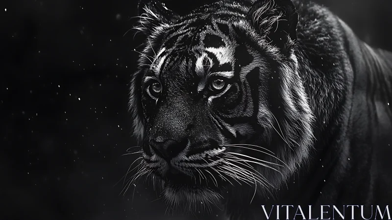 Close-up monochrome tiger portrait in falling snow at night.