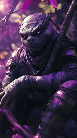 Mystical turtle warrior resting in a glowing violet forest.