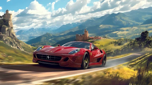 Scarlet supercar slices sunlit mountain kingdom roads.