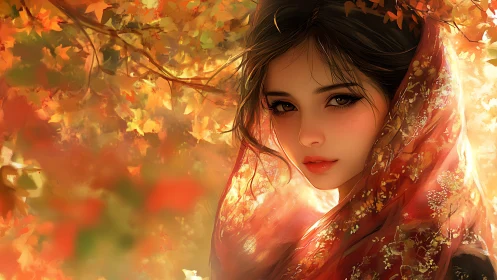 Woman in red shawl stands under detailed autumn foliage