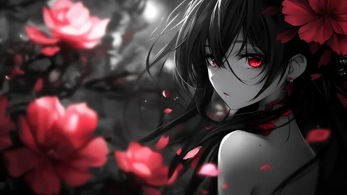 Crimson eyed girl turns twilight roses into burning stars