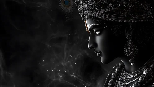 Silent divine profile rests in shimmering cosmic darkness