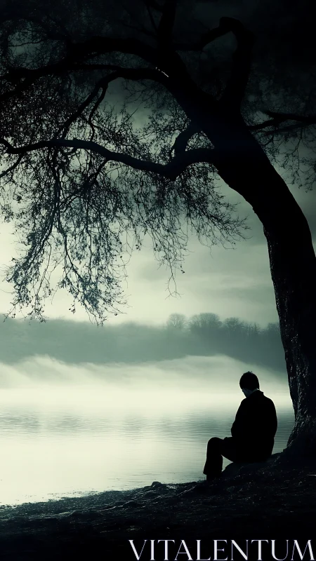 Backlit solitary figure under silhouetted tree by misty lake