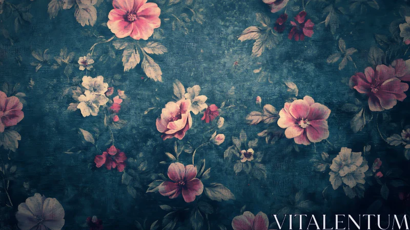 Floral pattern on aged teal textile with layered pigmentation.