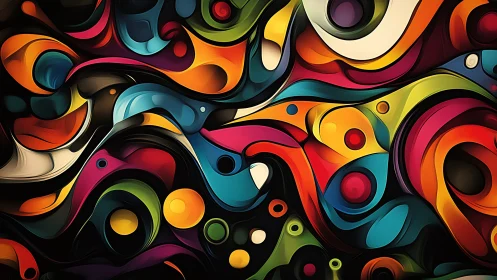 Colorful curved shapes interlock in layered abstract composition