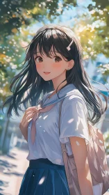 Anime schoolgirl portrait in sunlit outdoor bokeh composition.