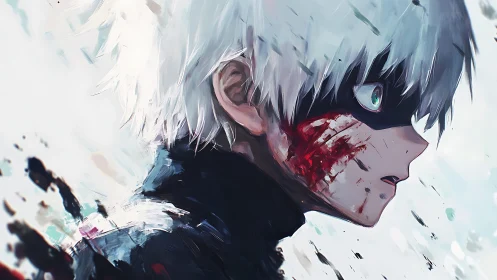 Side profile of masked white haired character with bloodstains.