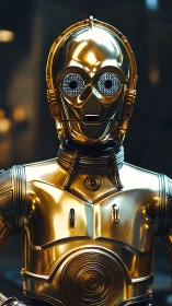 Golden protocol android gazes ahead with anxious poise.