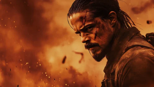 Battle-worn man stares intensely amid orange fiery smoke