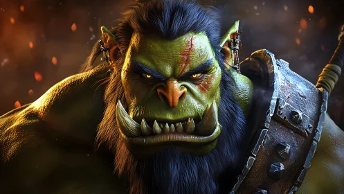 Orc warlord glares under ember-lit battle haze.