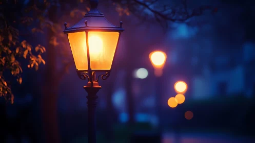 Gentle evening lamplight guiding a quiet misty pathway.