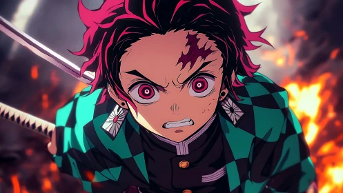 Fierce anime hero charging forward in a blaze of courage.