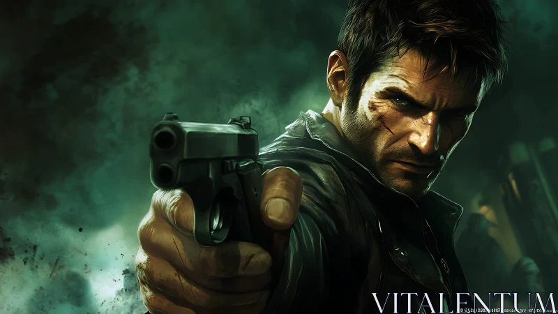 Hardened gunman aims pistol through smoky green haze.