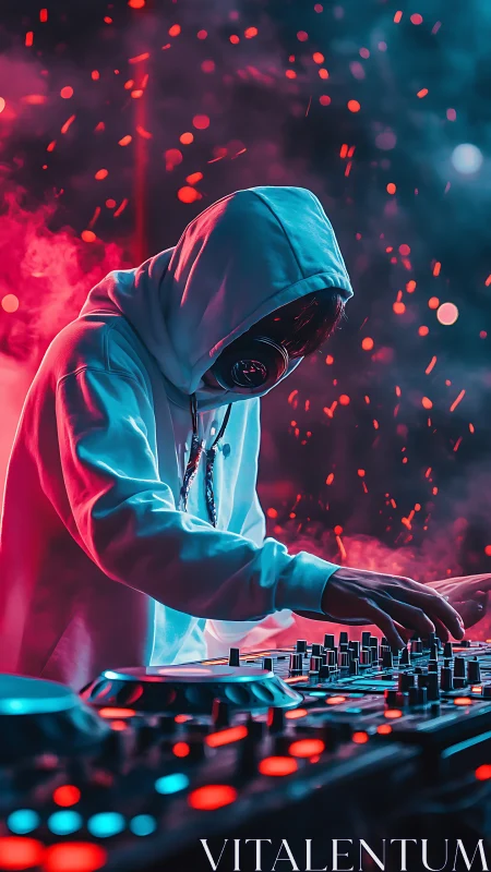 Hooded DJ manipulates neon-lit mixer in cinematic cyberclub