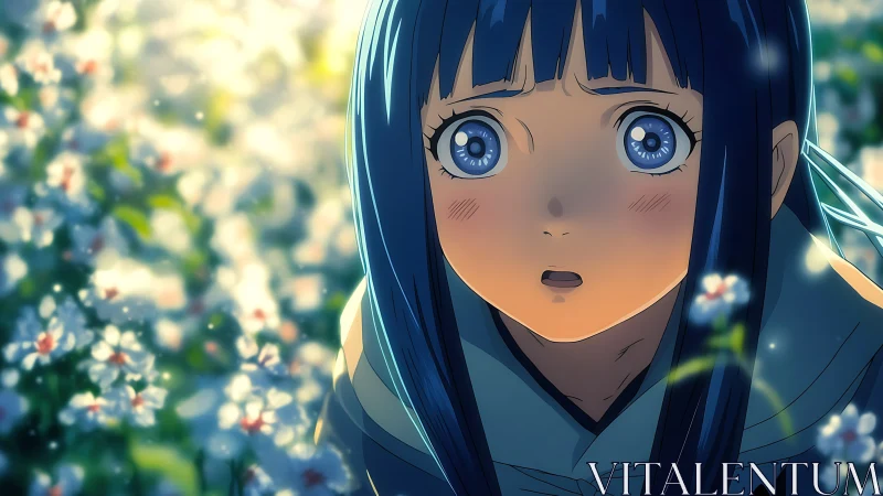Blue haired anime girl in luminous spring flower bokeh field.
