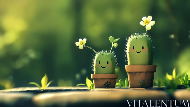 Whimsical chibi cacti trio in terracotta pots, soft bokeh garden
