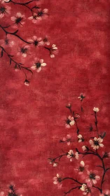 Crimson hush where painted cherry branches softly bloom.