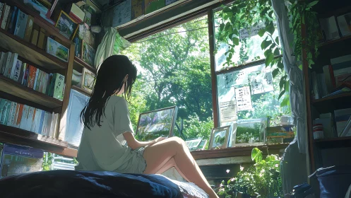 Backlit anime girl studies laptop in dense book-lined room