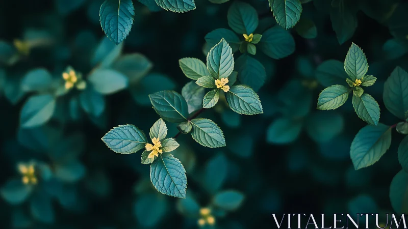 Emerald leaf clusters cradle tiny golden forest sparks.